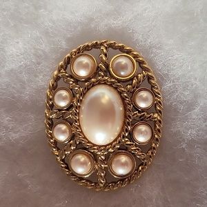 Vintage Monet Gold Tone and Faux Pearl Oval Brooch
